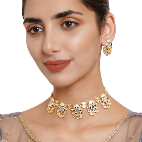 VOYLLA Festive Hues Mirror Work Enamelled Brass Gold Plated Choker Jewellery Set