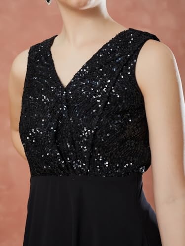 Latin Quarters Women's Black Sleeveless Sequin V-Neck Evening Dress_XXL