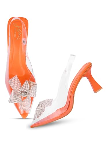 JM LOOKS Women Stylish Fashionable Party Heel Kitten Heel Sandal Embellished Heel Pointed Toe Back Strap for Wedding Party Evening Prom - Orange