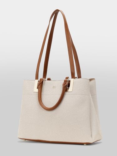 ITTI Sienna Tote Bag for Women | Grey Textured Lightweight Shoulder Bag with Black Handles | Spacious 3-Compartment Everyday & Work Tote (BEIGE)