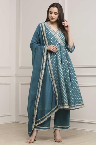 Biba Women Teal Green Poly Cotton Anarkali Suit Set_36