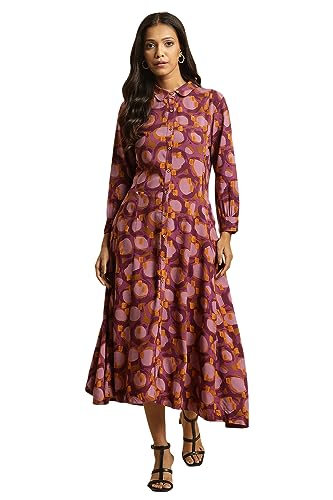 W for Woman Purple Abstract Printed A-line Western Dress_23AUW10039-810615_2XL
