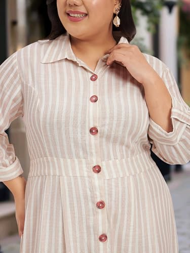 wild U Women Plus Size Shirt Dress | Linen Fabric | Midi | Striped | Long Sleeve | Western Formal (White Beige, Size: 5XL)