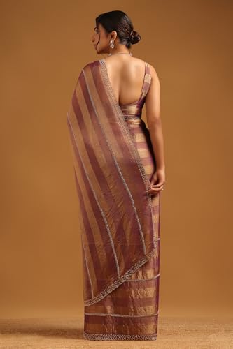 Soch Womens Purple Fendy Chiffon Striped Saree With Cutdana
