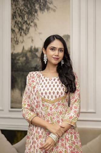 NIVANA Embroidered & Floral Printed Anarkali Kurta with Pant & coordinated Dupatta | S | White | Floral | Anarkali