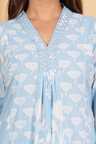 Yash Gallery Women's Cotton Calf Length V-Neck 3/4th Sleeves Botanical Floral Print Regular Fitted Mirror Work Anarkali Kurta With Pant & Dupatta (Blue, 8XL)