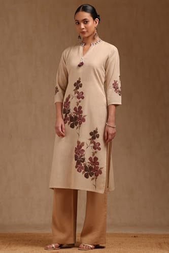 Soch Womens Beige Cotton Flex Floral Print Kurta with Thread Work