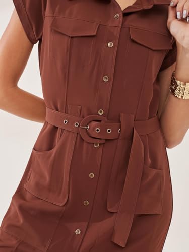 Latin Quarters Women's Brown Solid Cap Sleeve Collar Neck Casual Shirt Dress_XXL