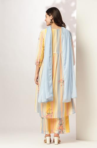 Janasya Multicolour Georgette Kurta with Pant & Dupatta for Women Embroidered Print Ethnic Wear
