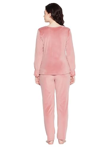 Clovia Women's Velour Solid Top & Pyjama Set (LSW682R22_Pink_M)