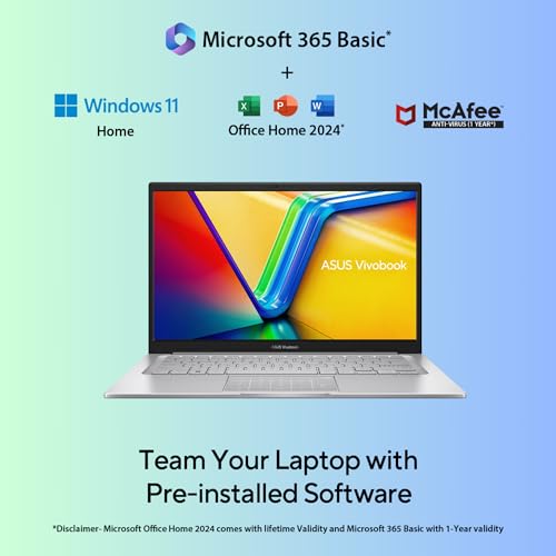 ASUS Vivobook 14, Intel Core i3 13th Gen 1315U, 8GB RAM, 512GB SSD, FHD 14", Windows 11, Office Home 2024, Cool Silver, 1.40kg, X1404VA-NK761WS, Intel UHD, M365 Basic (1Year)*, Backlit Keyboard Laptop