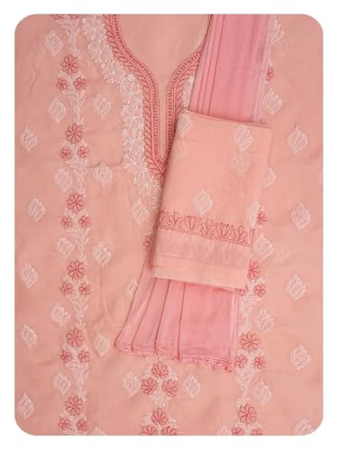 Ada Hand Embroidered Lucknowi Chikankari Unstitched Cotton Dress Material Suit Piece with Dupatta for Women 01A873293 Peach