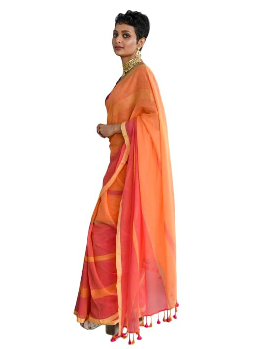 Orange Pink Mul Cotton Striped Saree