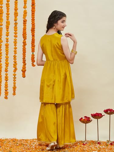 CURLY TALES ALPHA Girls Mustard Yellow Sharara Set with Sleeveless Embroidered Kurti | Traditional Indian Dress for Kids | Ethnic Festive Outfit with Gota Lace for Weddings & Celebrations