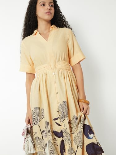 Max Women Floral Print Midi Shirt Dress(White_L)