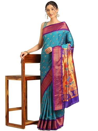 Varkala Silk Sarees Women's Kadiyal Soft Silk Maharani Paithani Saree With Blouse Piece (V262A413-COPR_Rama & Violet)