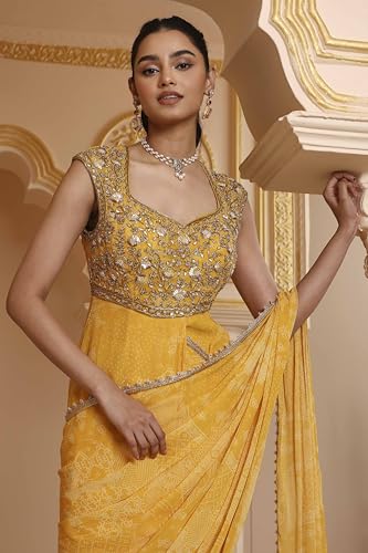 Biba Women Yellow Poly Georgette Digital Printed Gown Saree_38