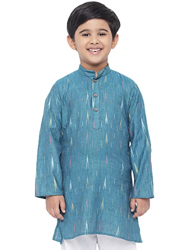 Vastraa Fusion Kid's Ikat Pattern Kurta Pure Cotton Long Kurta, Round Collar, Full Sleeves, Button Kurta, Ethnic Wear (VASTRAAKD3013-9-10)