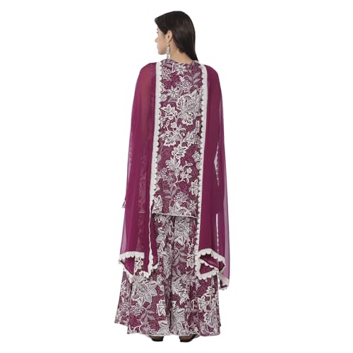 BIBA Women's Berry Purple Cotton Floral Peplum Suit Set