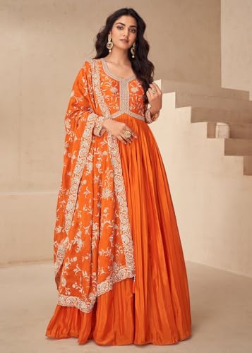 Shampysky Women's Orange Chinon Stitched Gown With Dupatta Full Sleeve Embroidered Anarkali Gown (SSW-1244-Orange-XXL)
