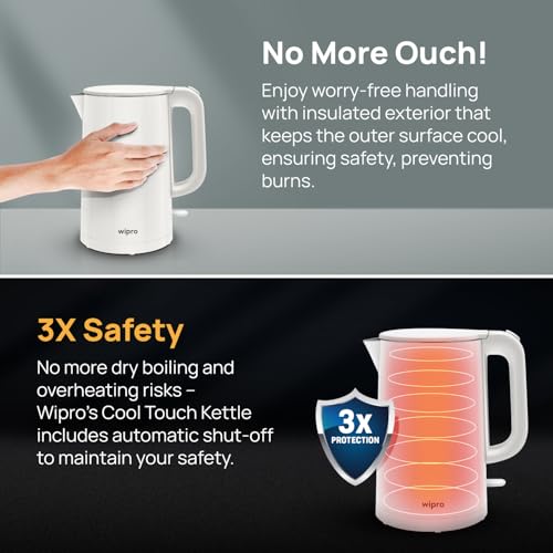 wipro ABS Elato BK210 Cool Touch Double Layer Electric Kettle, 1.5 Litres, Anti-Rust Shield, Super Fast Heating, 3X Protection-Overheating, Dry Boil & Auto Shut-Off,1000 Watts, 2 Years Warranty, White