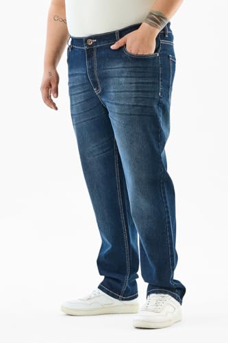 SNITCH Men Blue Casual Plus Size Jeans | Slim Fit Mid Rise Washed Denim with Turned-Up Cuffs | Cotton Blend Fabric with Smooth Texture & Medium Stretch for Summer Wear