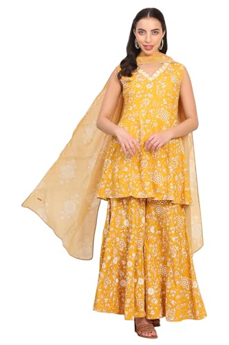 W for Woman Floral Printed Embroidered Neck Flared Kurta, Sharara and Dupatta Set (Size: S)-WS12733-125817