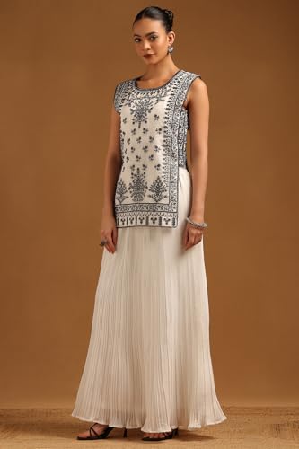 Soch Womens Off White Chanderi Botanical Co-Ord Set With Machine Embroidery