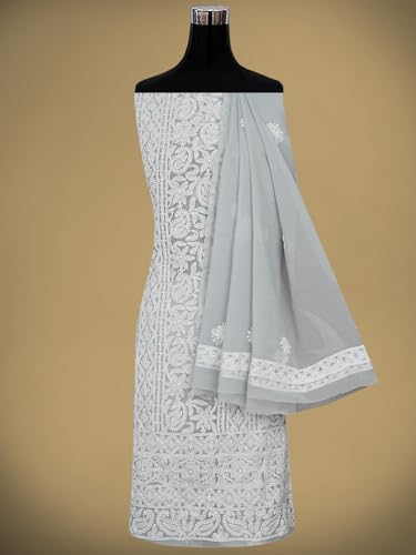 Ada Hand Embroidered Lucknowi Chikankari Unstitched Georgette Dress Material Suit Piece with Dupatta for Women 01A873551 Grey