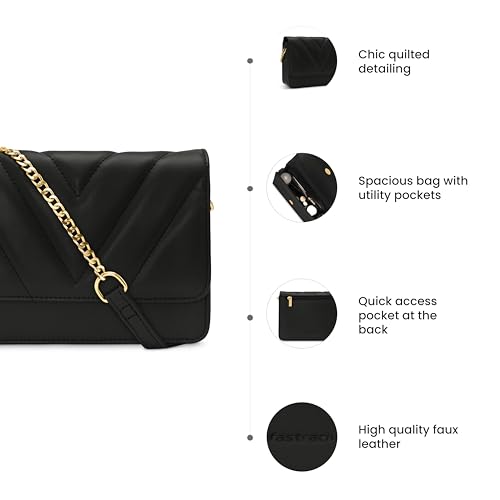 Fastrack Quilted Brunch Sling Bag for Women, Girls and Ladies | Ladies Purse Handbag | Made of Faux Leather Black