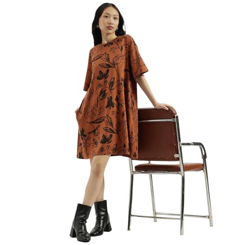 United Colors of Benetton Women's Cotton Blend Knee-Length Dresses (25A3SOCPT733I903_Brown