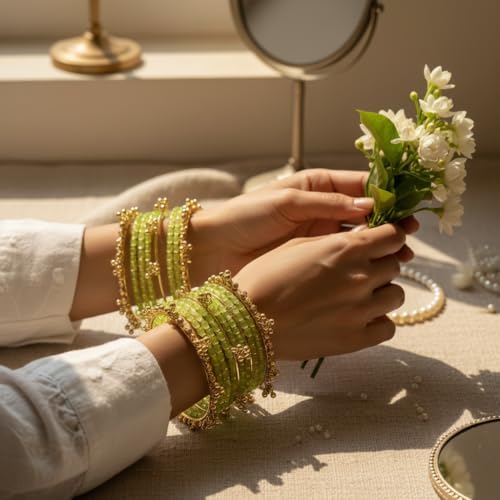 KAYASHA Pista Kashmiri Ghungroo Glass Bangle Set for Women | Light Weight Bangles | Traditional Transparent Fancy Glass Chudi Set for Wedding, Party|Set Of 16(12 Glass + 4 ghungroo bangles)