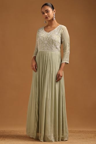 Soch Womens Sap Green Chinon Floral Gown with Cutwork and Stones