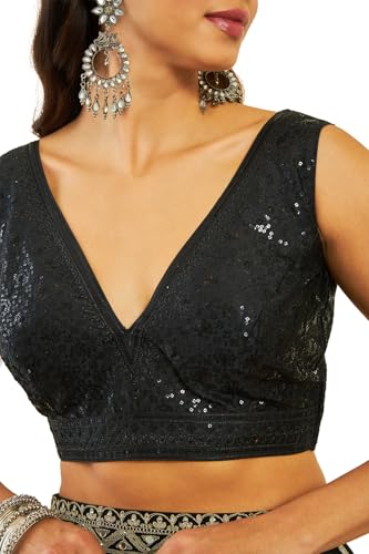Soch Womens Black Tussar Embellished Blouse with Sequins(8907175694800)