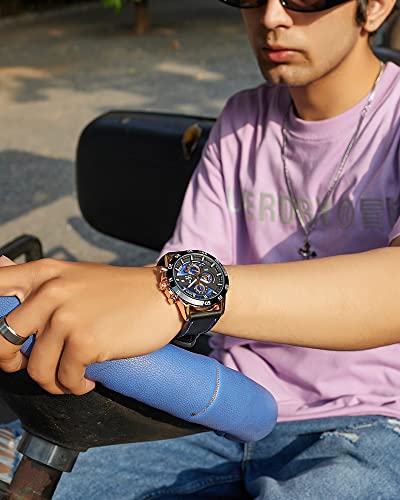 Sylvi Timegrapher Chronograph Watch for Men | Blue Dial Rose Gold Leather Strap Analog Wrist Watch, Working Sub-Dials, Date Display, Japanese Quartz, 3 ATM Water Resistant | 556 Blue RG