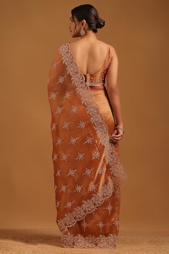 Soch Womens Peach Tissue Ethnic Motifs Saree With Stone Work