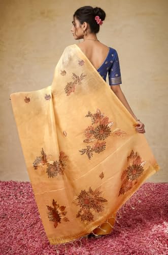 Label Aarna Women's Light Peach Cotton Saree with Unstitched Blouse Piece