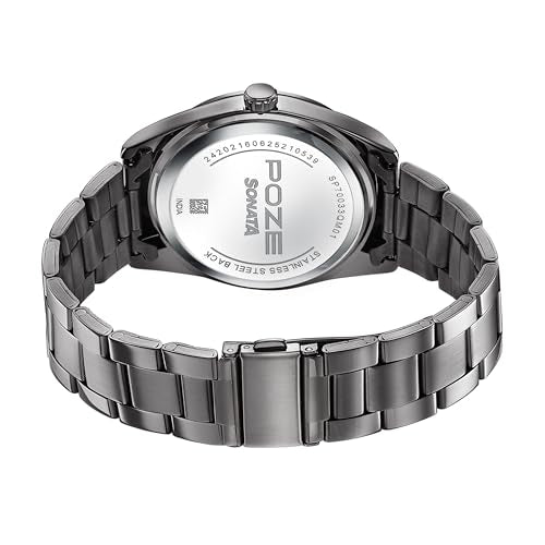 Sonata Poze 6 Graphite Groove Gents Quartz Gun Round Dial Men's Watch | SS Cut Edge Strap Material | Watches for Men Analog - SP70033QM01