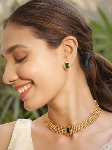 Rubans 22K Gold-Plated Handcrafted Artificial Jewelry Set with Emerald Stone Studded & Matching Earrings For Women and Girls – Perfect for Weddings and Special Occasions