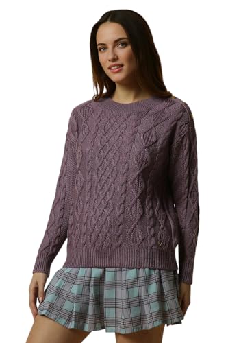 Women Purple Textured Round Neck Casual Sweater