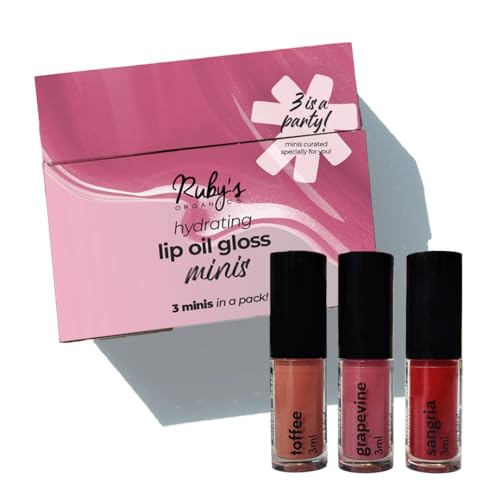 Ruby's Organics Lip Beauty Gift Kit, Lip Oil Glossy Minis Sunset, Moisturizing, Long Lasting, Non Sticky & Non Drying, Natural Lip Makeup, Paraben Free - Sangria, Grapevine and Toffee Shades