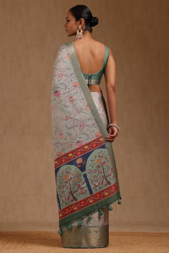 Soch Womens Light Teal Tussar Botanical Print Saree