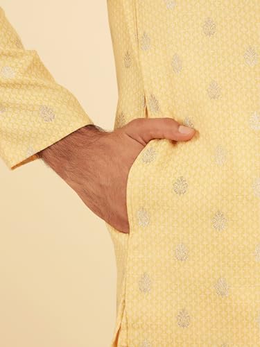 Manyavar Men's Cotton Blend Self Design Festive Kurta Set (Yellow,S)
