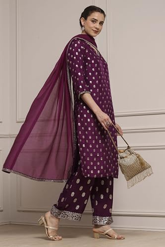 Biba Women Purple Viscose Gathered Yarndyed Suit Set_42