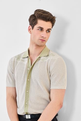 SNITCH Men's Luxe Shirt | Breathable Perforated Design with Intricate Embroidery | 100% Cotton Polo Collar Casual Wear | Lightweight & Stylish Summer Fashion | Light Green