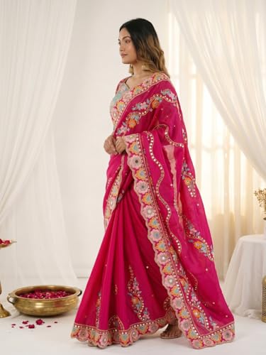 Bhagyavati Designer Soft Rangoli Silk Saree for Women with Mirror & Sequins Embroidery, Cutwork Border & Stitched Blouse (RaniPink)