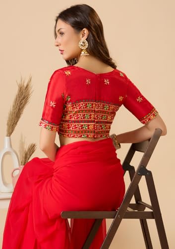 S SALWAR STUDIO Red Chinon Silk Round Neck Phulkari Readymade Blouse