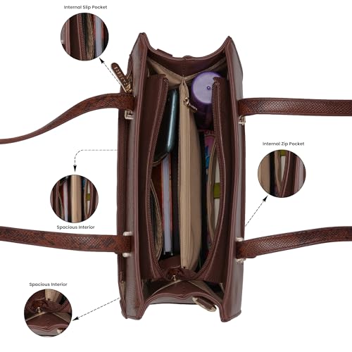 Caprese Bambi Medium Snake Textured Satchel Bag for Women | Elegant Multi-Compartment Shoulder Handbag with Adjustable & Detachable Strap | Zipper Closure | Perfect for Worl & Travel (Brown)