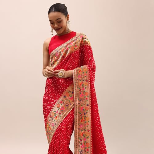 KALKI Fashion Red Bandhani Silk Saree With Unstitched Blouse Silk sarees for women Traditional Ethnic Wear Fashion Wear Wedding Collection Festive Saree Elegant Designer Saree