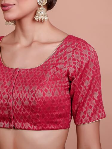 S SALWAR STUDIO Pink Brocade Round Neck Readymade Padded Blouse